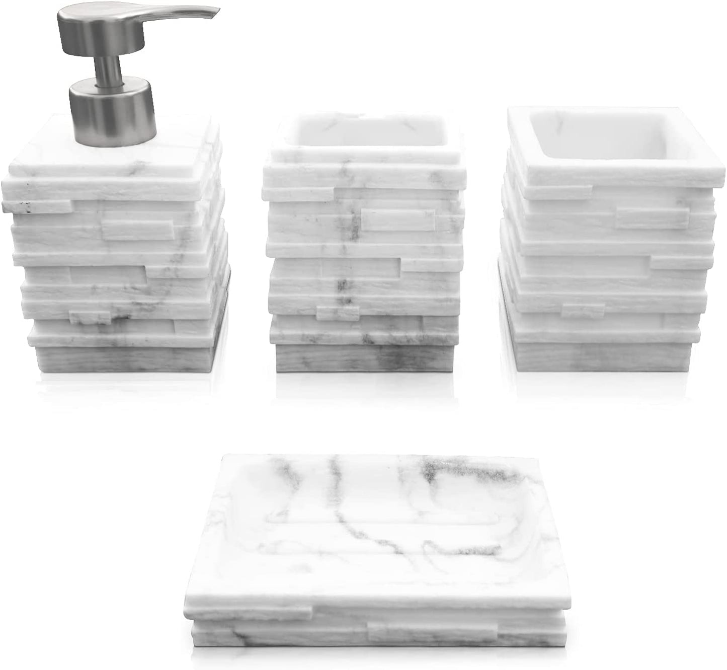 4-Piece Bathroom Accessories Set – Soap Dispenser, Toothbrush & Toothpaste Holder, Soap Dish and Tumbler – Elegant Design with Marble Effect – Durable and Sturdy Bathroom Set