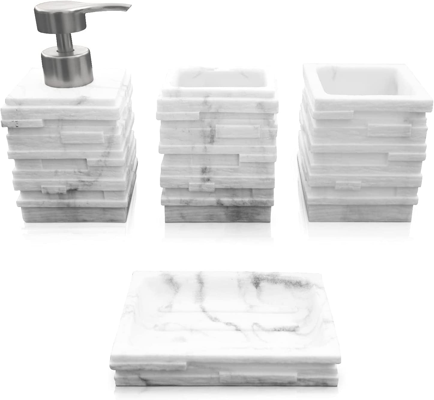 4-Piece Bathroom Accessories Set – Soap Dispenser, Toothbrush & Toothpaste Holder, Soap Dish and Tumbler – Elegant Design with Marble Effect – Durable and Sturdy Bathroom Set