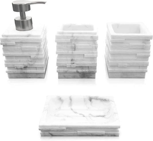 4-Piece Bathroom Accessories Set – Soap Dispenser, Toothbrush & Toothpaste Holder, Soap Dish and Tumbler – Elegant Design with Marble Effect – Durable and Sturdy Bathroom Set
