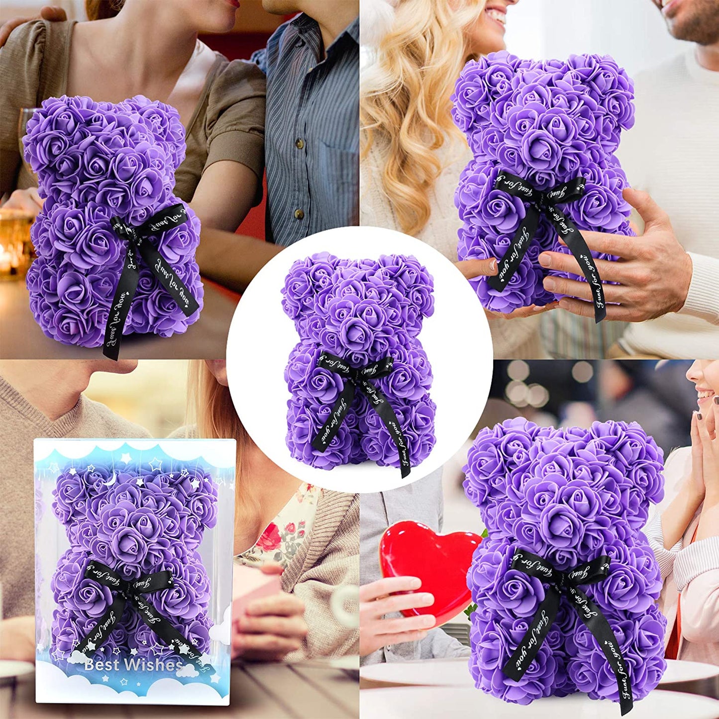 Artificial Flowers Bear for Anyone Love,Flower Gift for Her,Artificial Flowers Forever Bear,Romantic Gift for Her,Valentines,Mother,Anniversary, Birthday ,Wedding,Unique Clear Gift Box