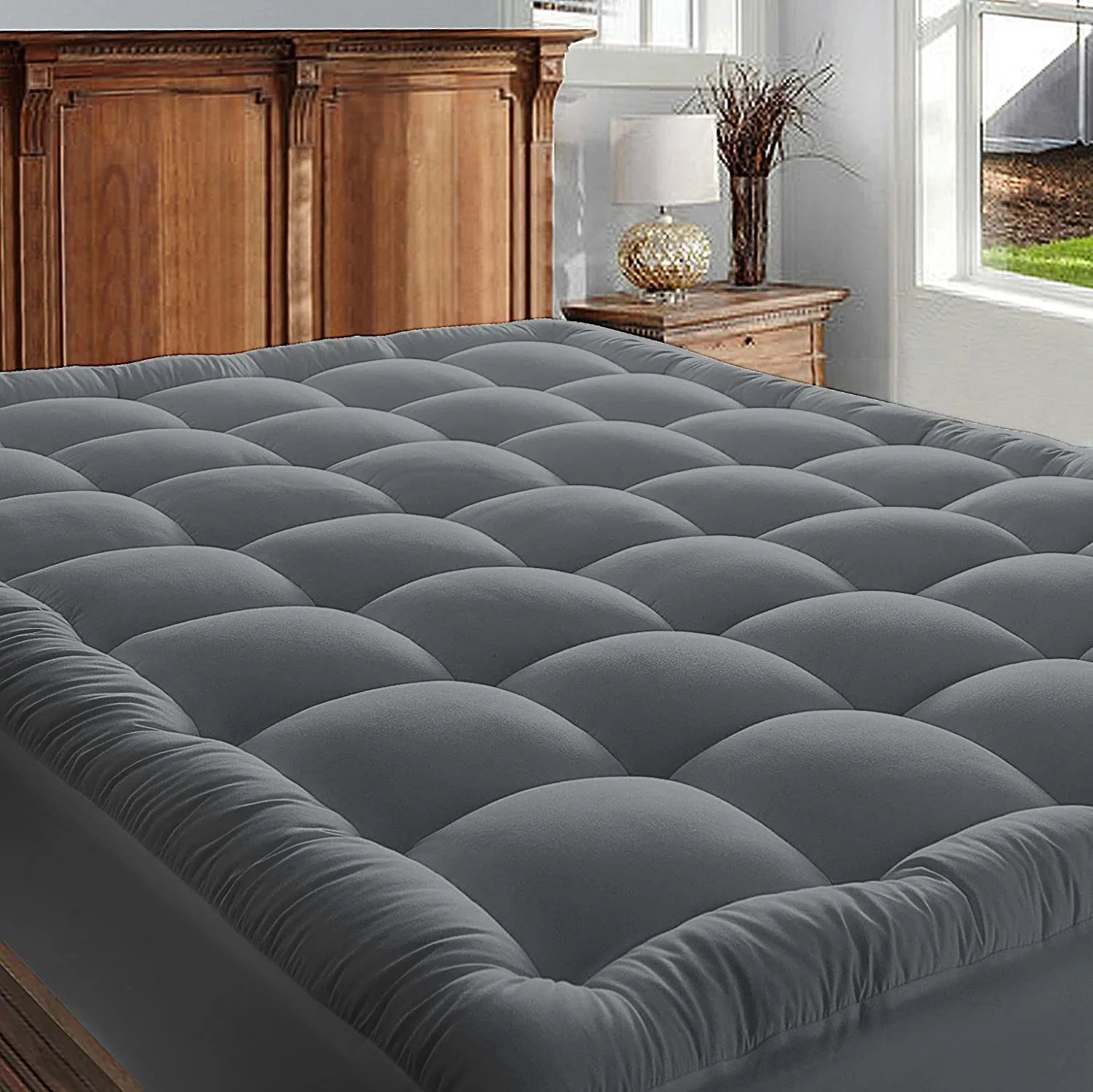 Mattress Pad Cover, Cooling Mattress Topper, Soft Qulited Fitted Pillowtop Mattress Protector down Alternative Overfilled with 8-21 Inch Deep Pocket (Gray - Checkered, California King)