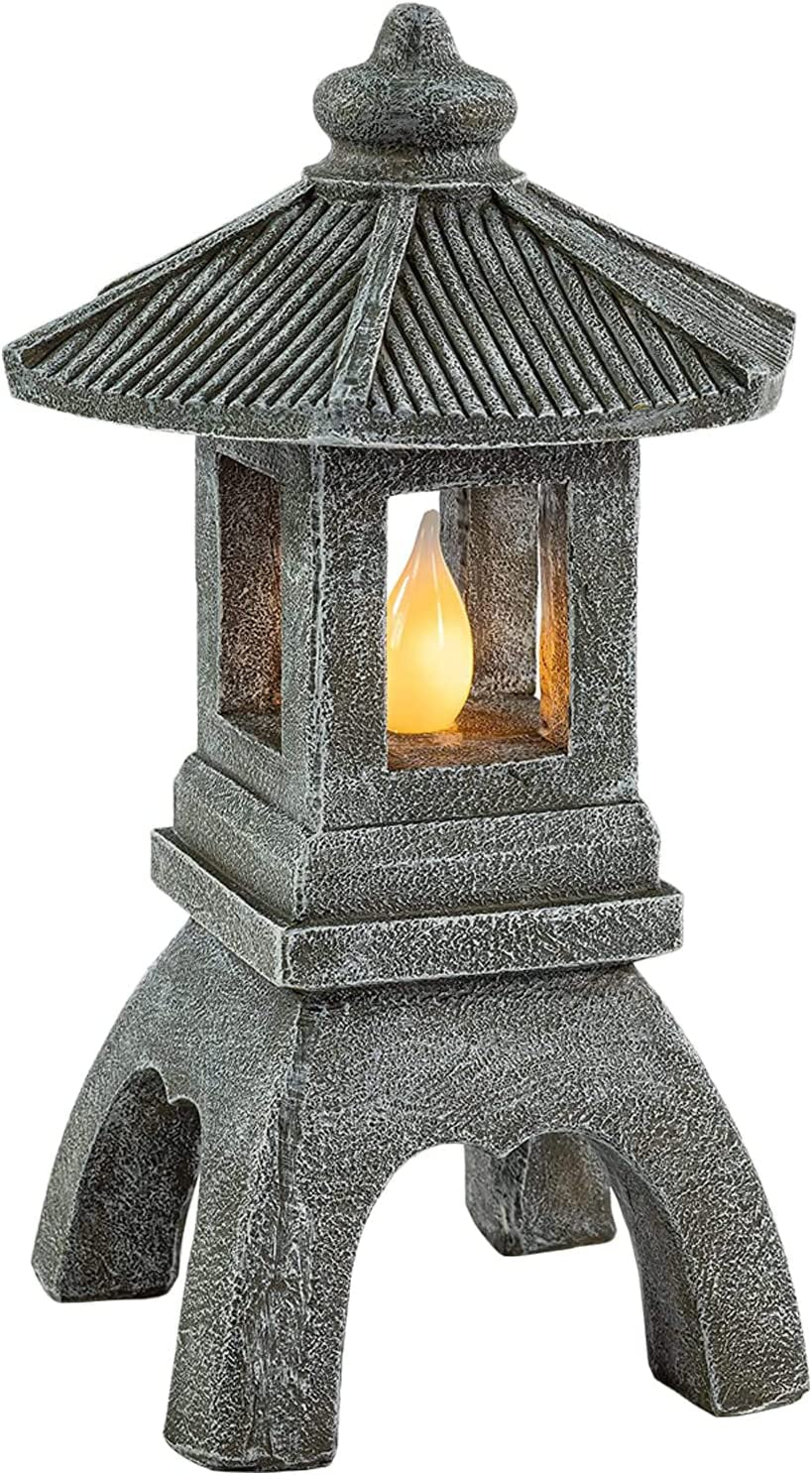 Pagoda Garden Statue, Solar Powered Statue Japanese Garden Decor, Outdoor Zen Garden Lantern, Flickering LED Garden Light (Tranquil Pagoda)