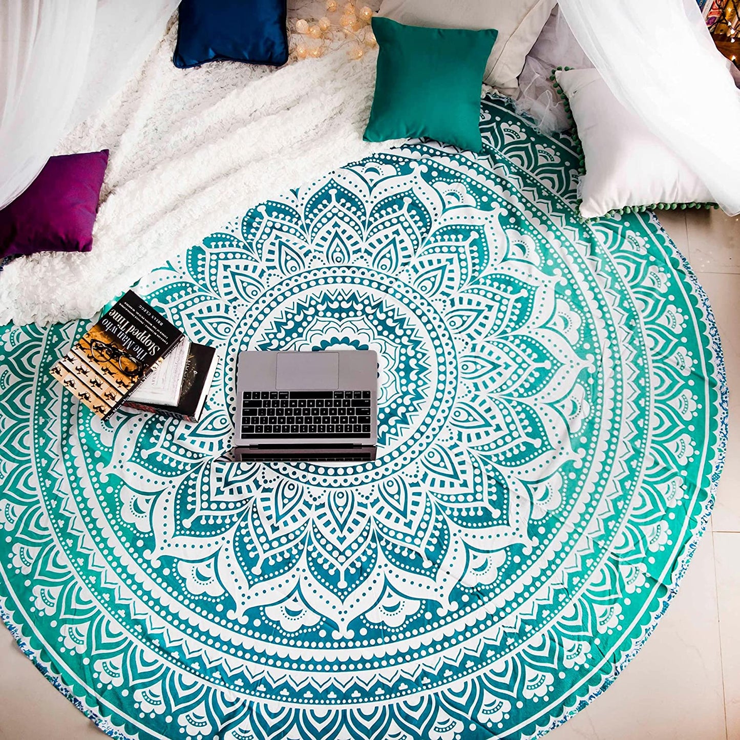 Tealtastic Mandala round Tapestry Hippie Indian Mandala Beach Roundie Picnic Table Throw Hippy Bohemian Spread Boho Gypsy Cotton Tablecloth Beach Towel Meditation round Yoga Mat - 72 Inches, Green