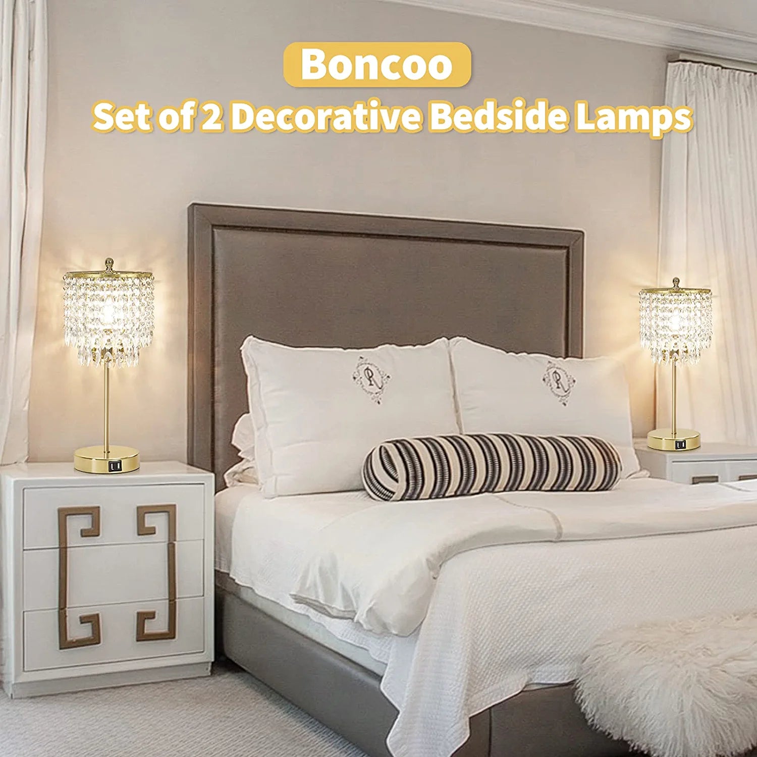 Crystal Table Lamp Set of 2, 3-Way Dimmable Nightstand Lamp with 2 USB Charging Ports, Gold Bedside Lamp for Bedroom, Touch Small Lamp with Elegant Shade for Living Room, B11 LED Bulb Included