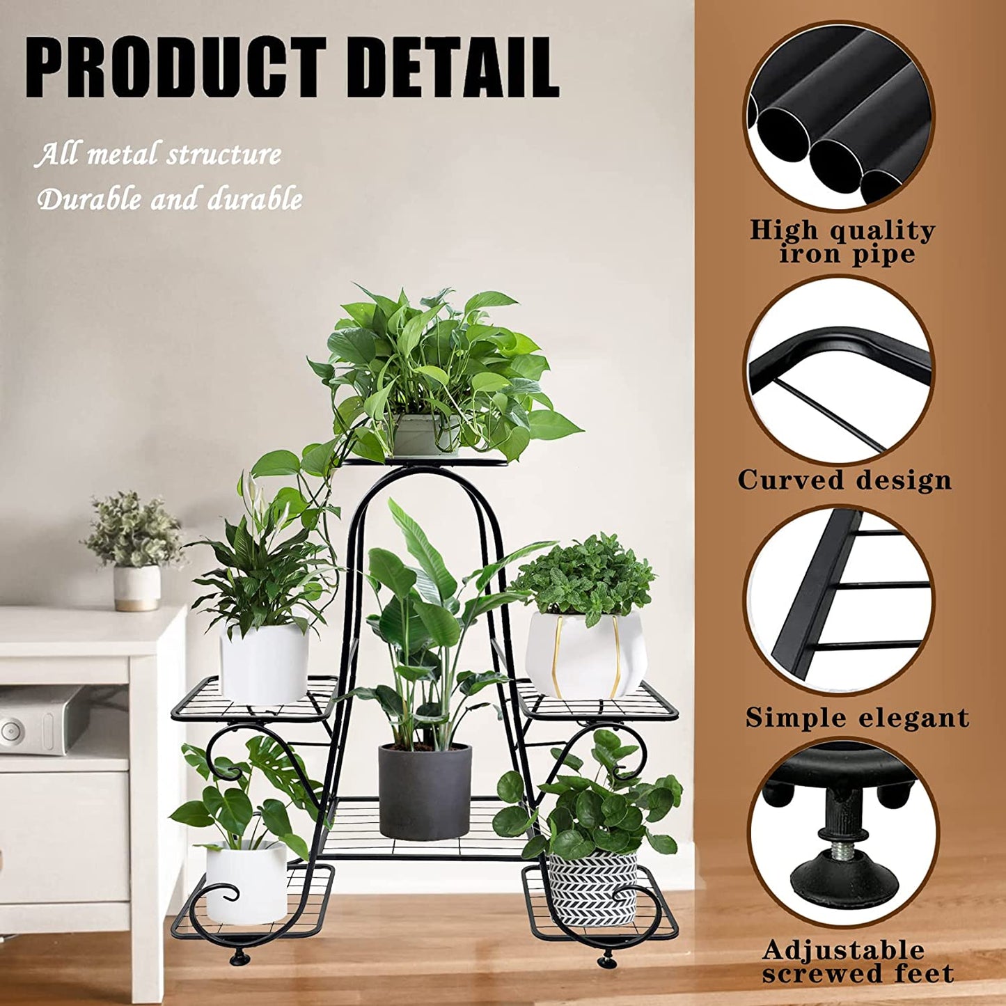 Metal Plant Stand Indoor Outdoor Multiple 6 Tier Tall Corner Flower Pot Holder Stands Shelf Rack Wrought Iron Tiered Planter Shelves for Patio, Living Room, Garden, Balcony, Black