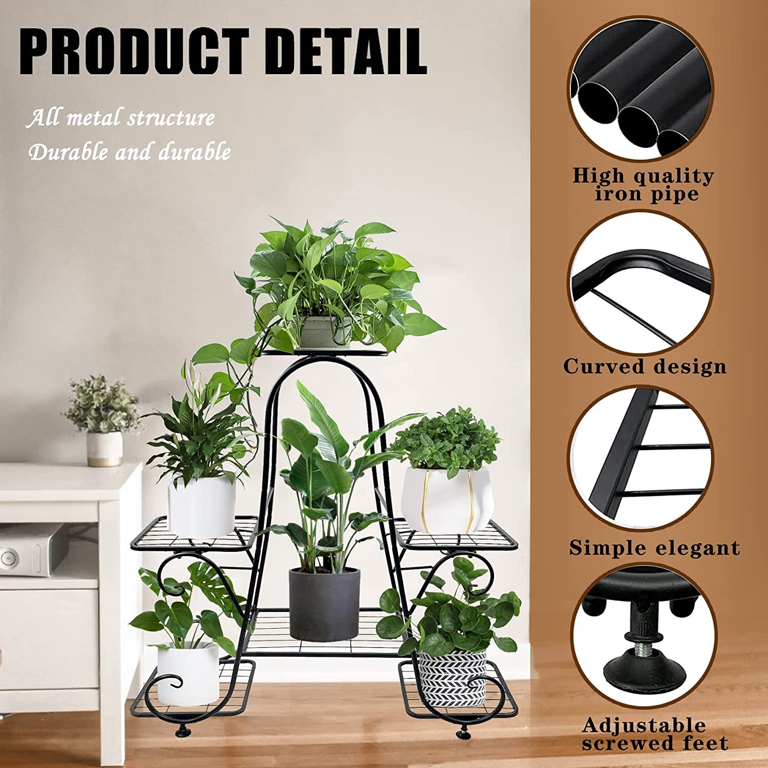 Metal Plant Stand Indoor Outdoor Multiple 6 Tier Tall Corner Flower Pot Holder Stands Shelf Rack Wrought Iron Tiered Planter Shelves for Patio, Living Room, Garden, Balcony, Black