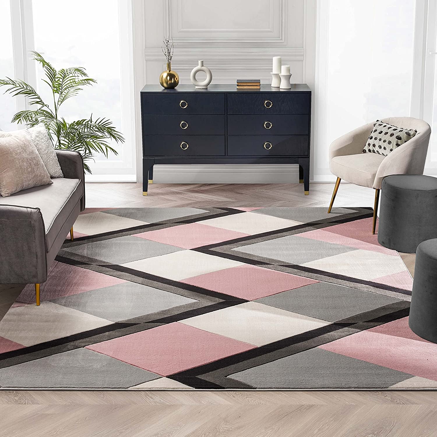 Good Vibes Nora Blush Pink Modern Geometric Stripes and Boxes 5'3" X 7'3" 3D Texture Area Rug, 5 Ft 3 in X 7 Ft 3