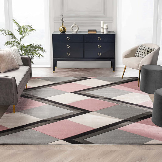 Good Vibes Nora Blush Pink Modern Geometric Stripes and Boxes 5'3" X 7'3" 3D Texture Area Rug, 5 Ft 3 in X 7 Ft 3