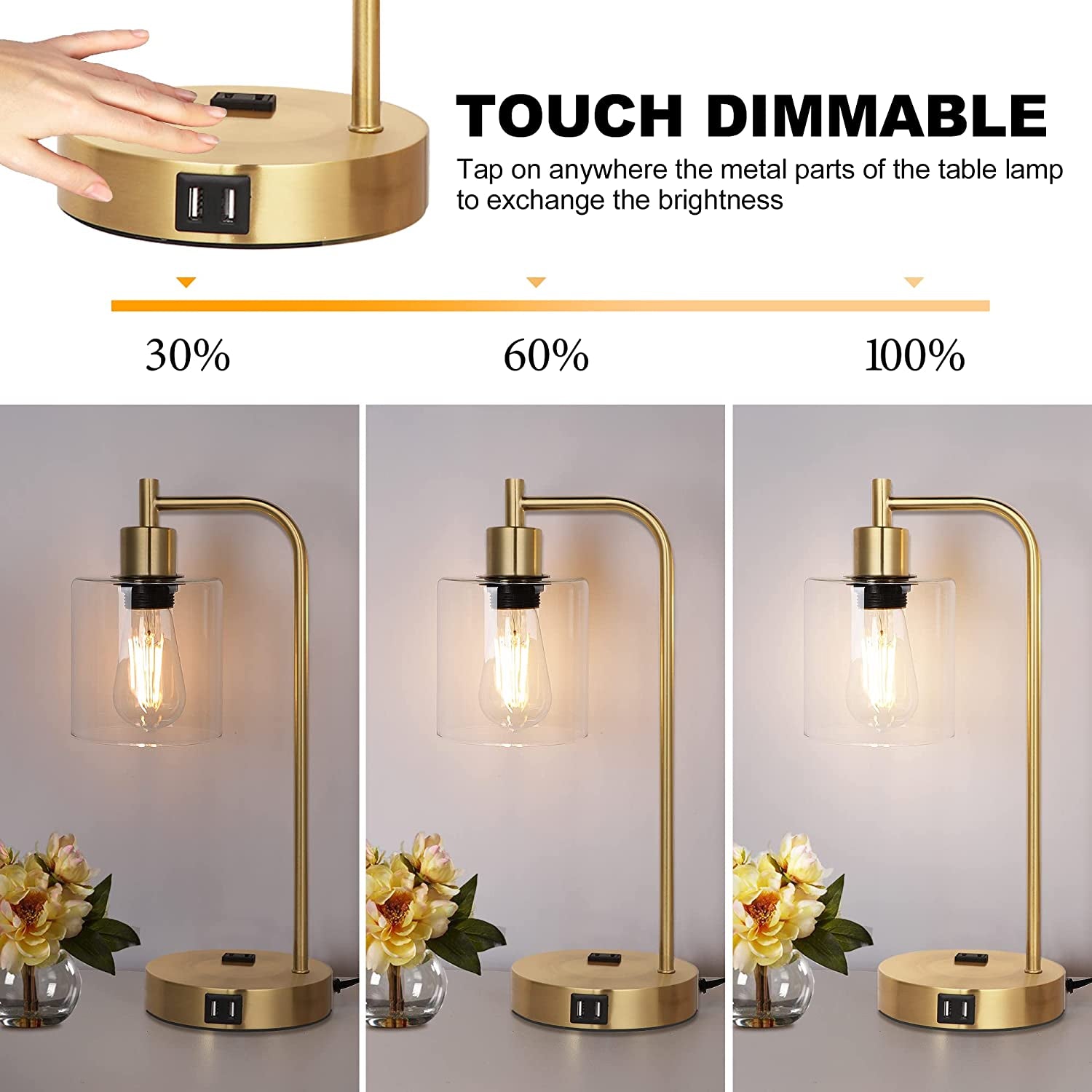 Set of 2 Industrial Touch Control Table Lamps with 2 USB Ports and 2 AC Outlets, 3-Way Dimmable Bedside Nightstand Reading Lamps with 2700K LED Bulbs, Glass Desk Lamp for Living Room,Bedroom