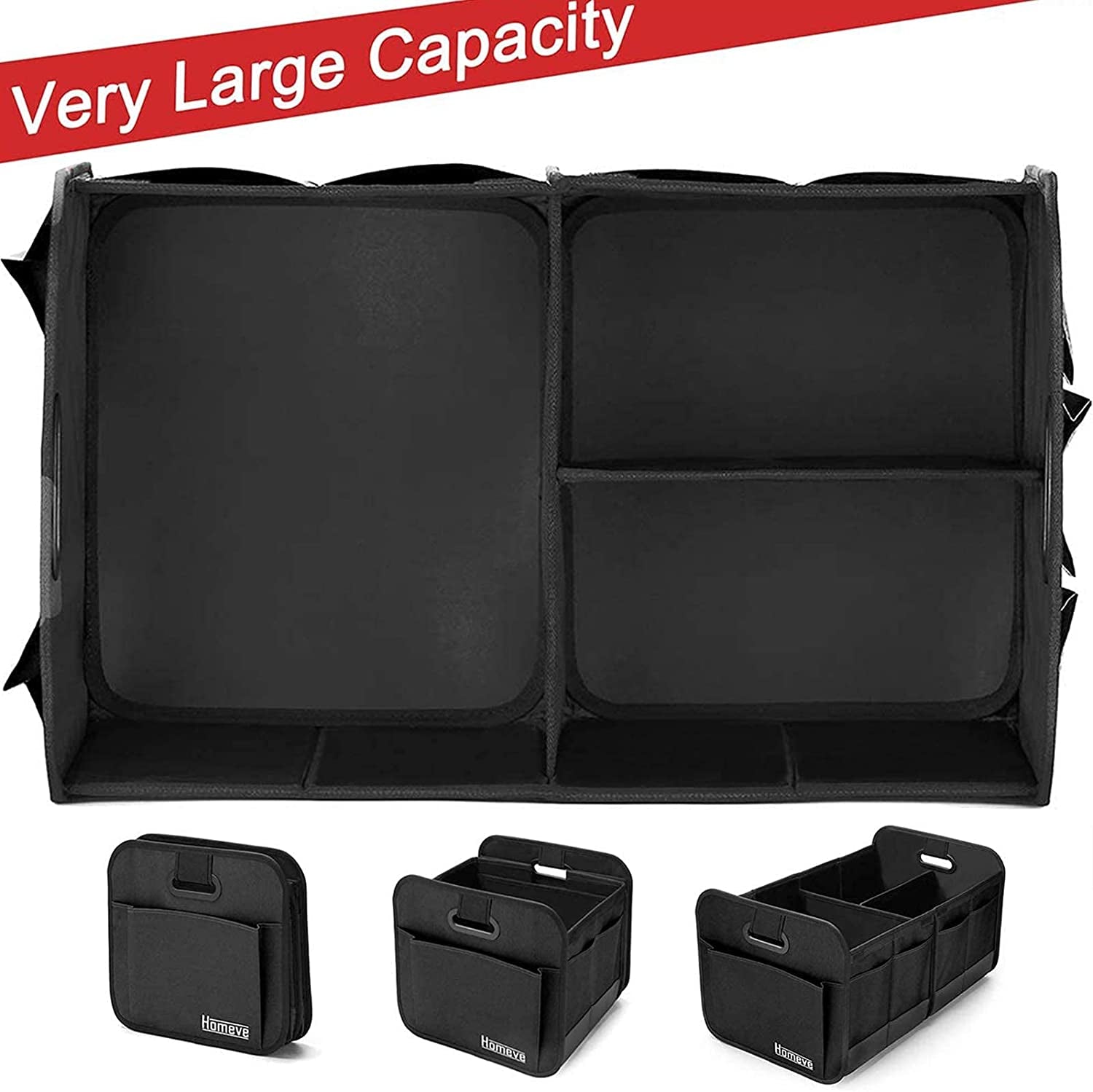 Trunk Organizer for Car, Car Storage, Reinforced Handles, Collapsible Multi-Compartment Car Organizers Foldable and Waterproof, 600D Oxford Polyester, Suitable for Any Car, SUV, Mini-Van, Black