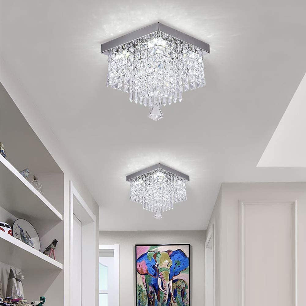 Modern Crystal Chandeliers Flush Mount Ceiling Light Lamp,Mini Square Flush Mount Ceiling Light Fixture Diameter 9.84 Inch Height 11.8 Inch, 4 Lights