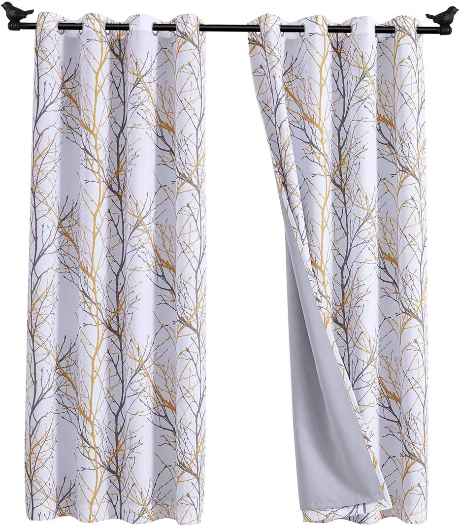 White Tree Curtains for Bedroom 84Inch Half-Blackout Yellow Grey Print Branch Curtains for Living Room Window Treatment Set 50”W Grommet Top Set of 2