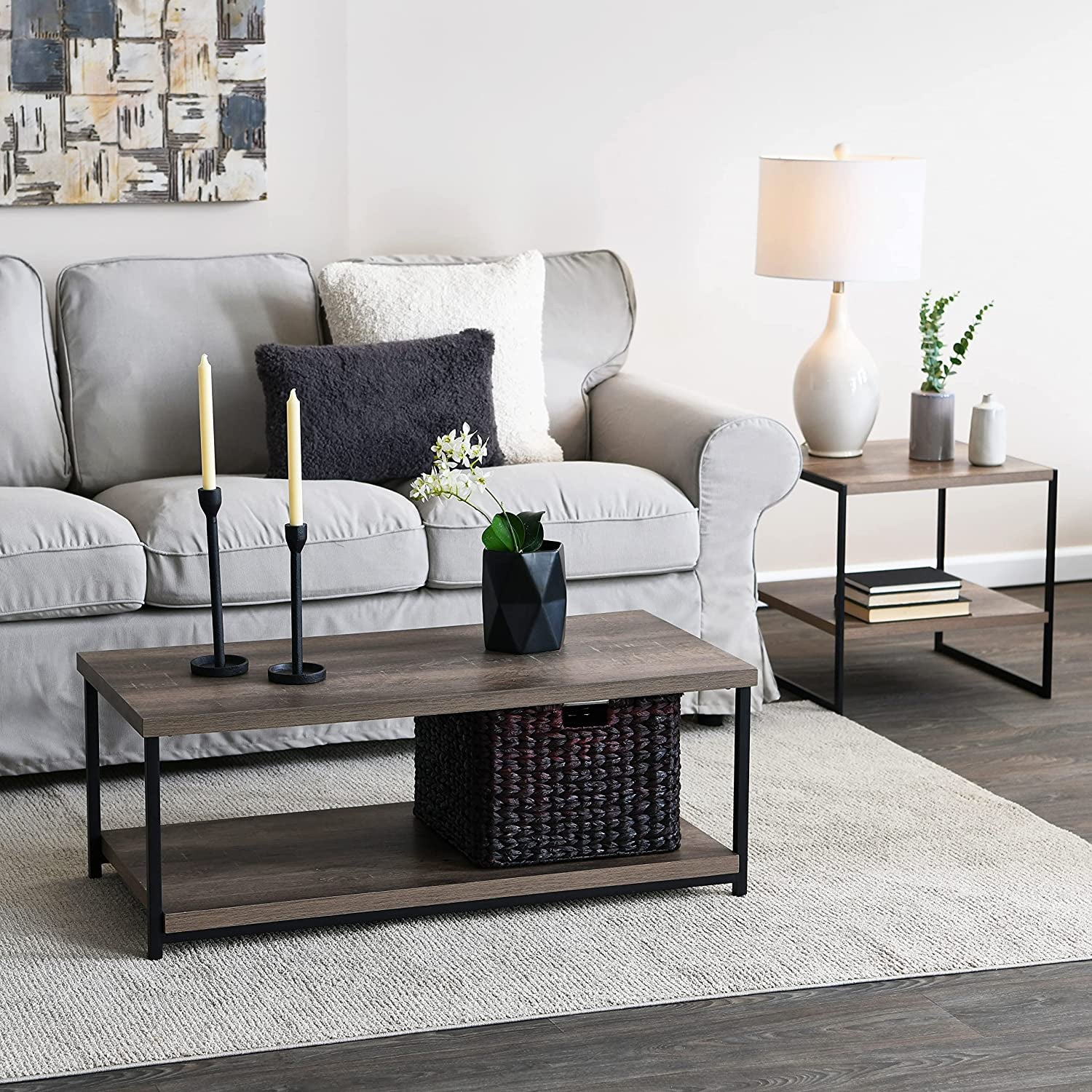 Square Wooden Side Table/End Table with Storage Shelf, Ashwood