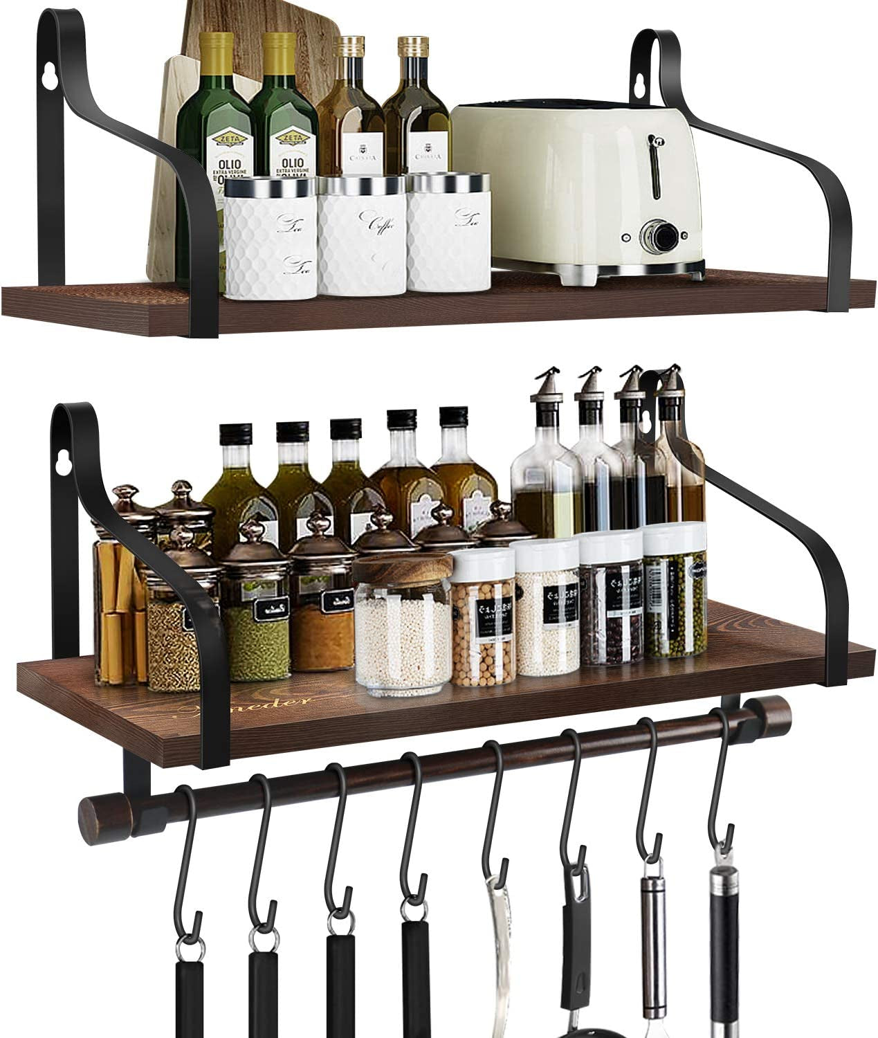 Wall Shelves for Kitchen Storage, Floating Shelves with Towel Bar & 8Pcs Removebal Hooks Floating Shelf for Wall Bathroom Bedroom Living Room Kitchen