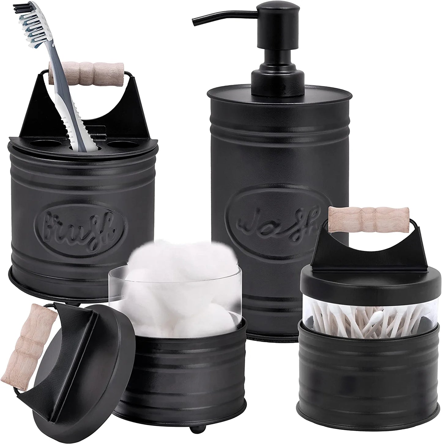 Autumn Alley Rustic Farmhouse Black Bathroom Accessories Set (4 PCS) - Lotion Soap Dispenser, Toothbrush Holder, 2 Apothecary Jars (Qtip Holder) - Rustic Farmhouse Bathroom Decor