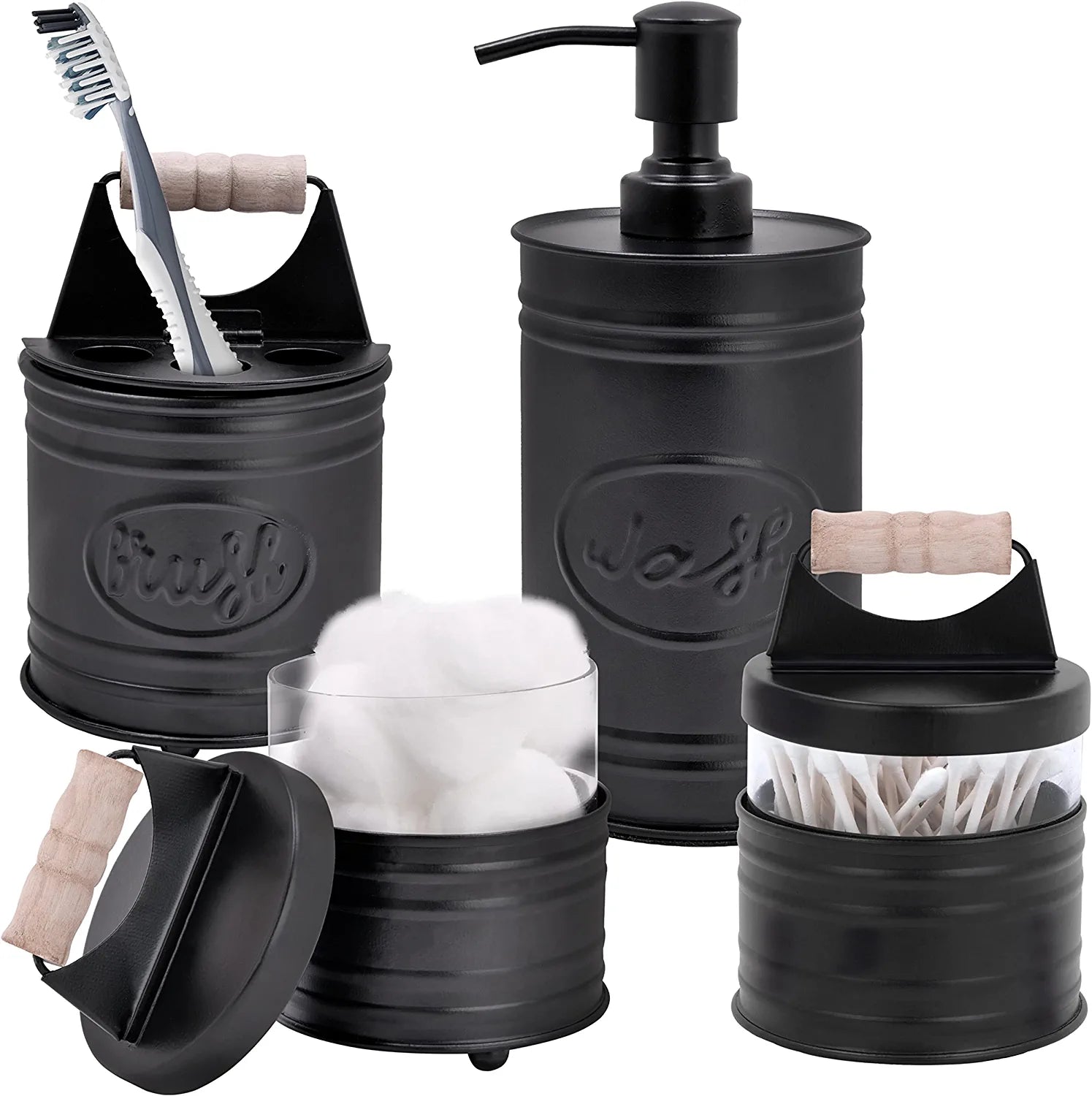Autumn Alley Rustic Farmhouse Black Bathroom Accessories Set (4 PCS) - Lotion Soap Dispenser, Toothbrush Holder, 2 Apothecary Jars (Qtip Holder) - Rustic Farmhouse Bathroom Decor