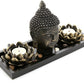 ® Lotus Tea Light Candle Holders with Buddha Head Sculpture and Wood Display Tray
