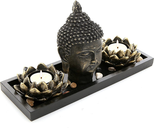 ® Lotus Tea Light Candle Holders with Buddha Head Sculpture and Wood Display Tray