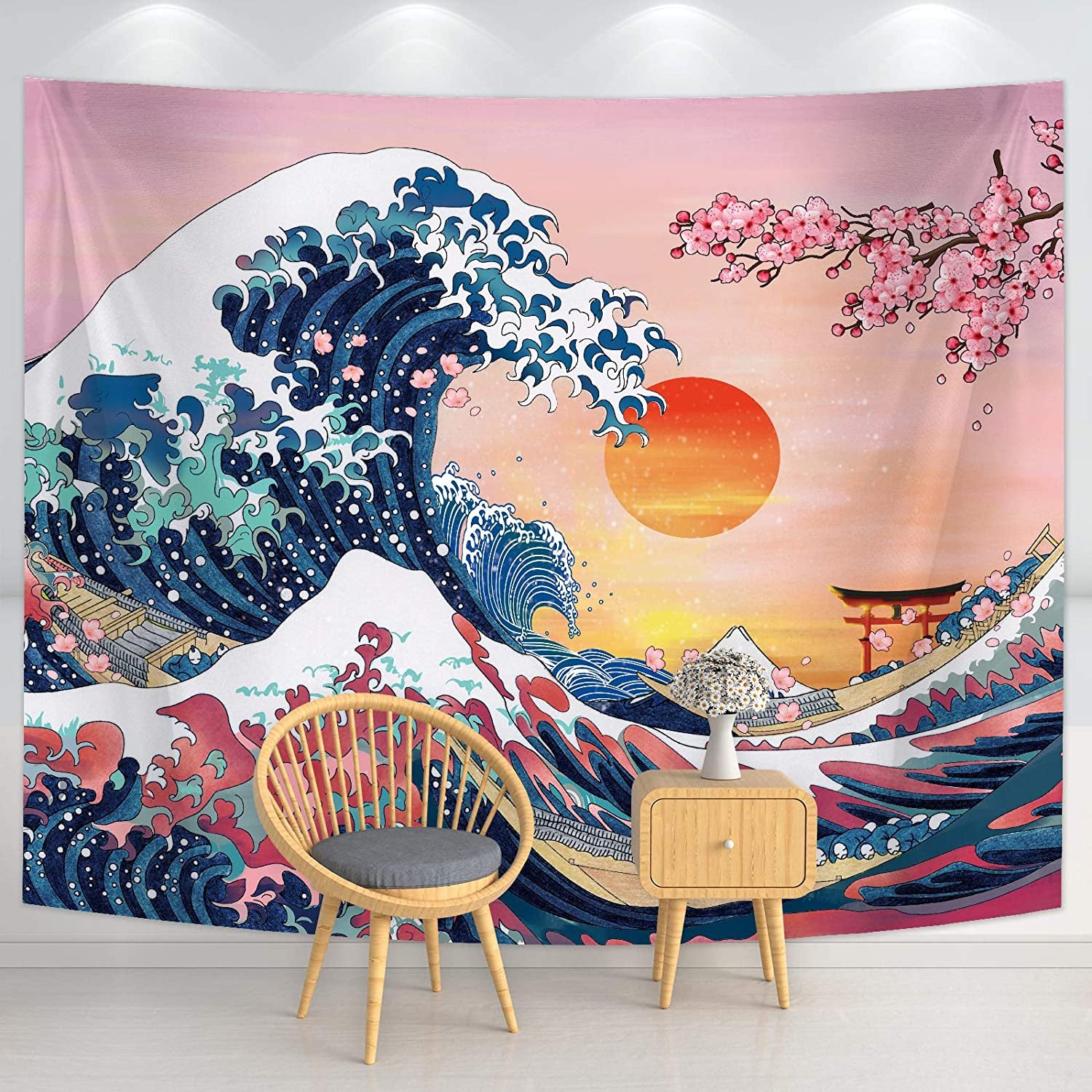 The Great Wave Tapestry Japanese Ocean Wave Wall Decorations Cherry Blossom Tree Backdrop Sunset Tapestry Wall Hanging Kanagawa Tapestry for Japanese Party Home Decorations (59 X 78.7 Inch)