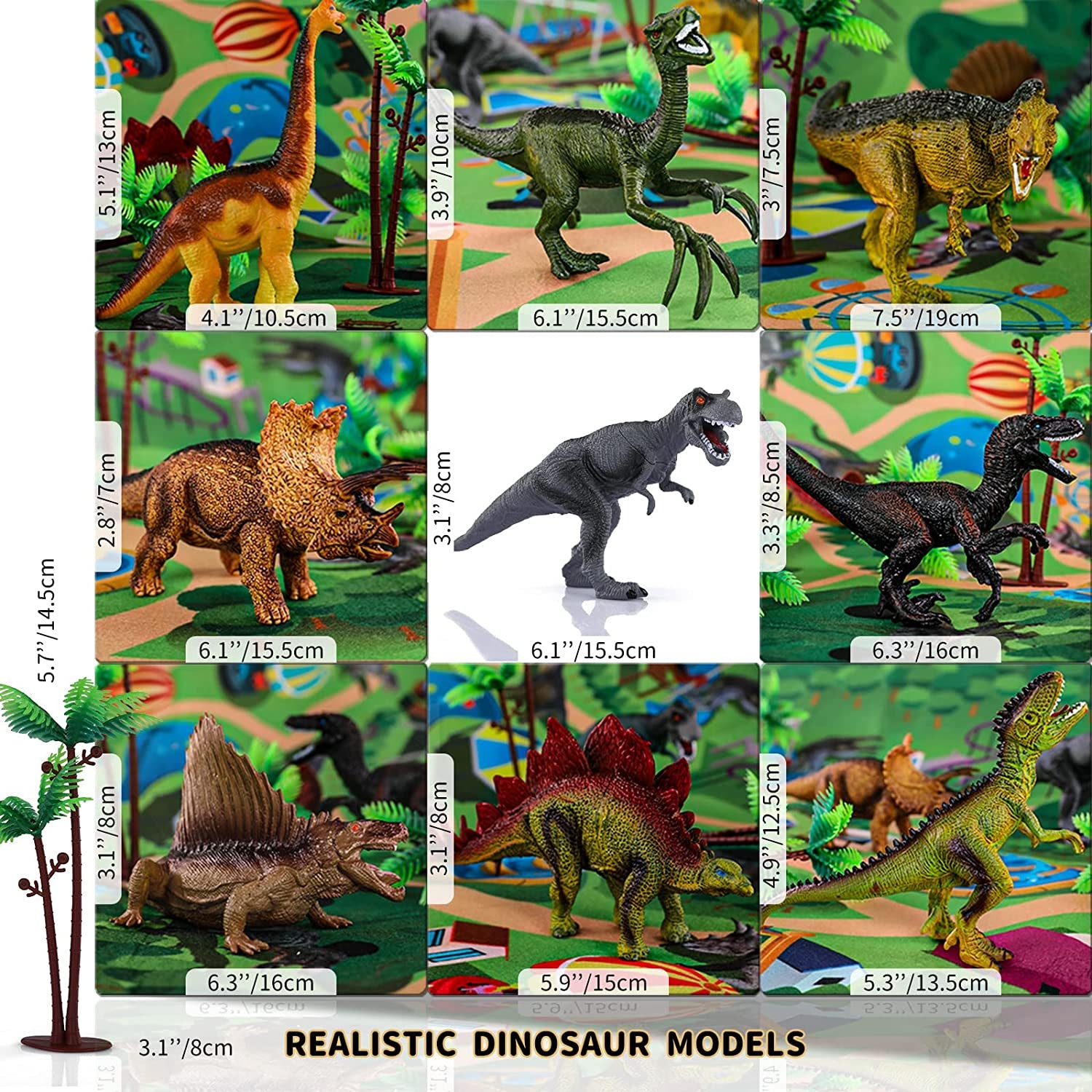 Dinosaur Toys for Kids 3-5 with Activity Play Mat & Trees, Realistic Jurassic Dinosaur Play Set to Create a Dino World Including T-Rex, Triceratops, Velociraptor, Great Gift for Boys & Girls