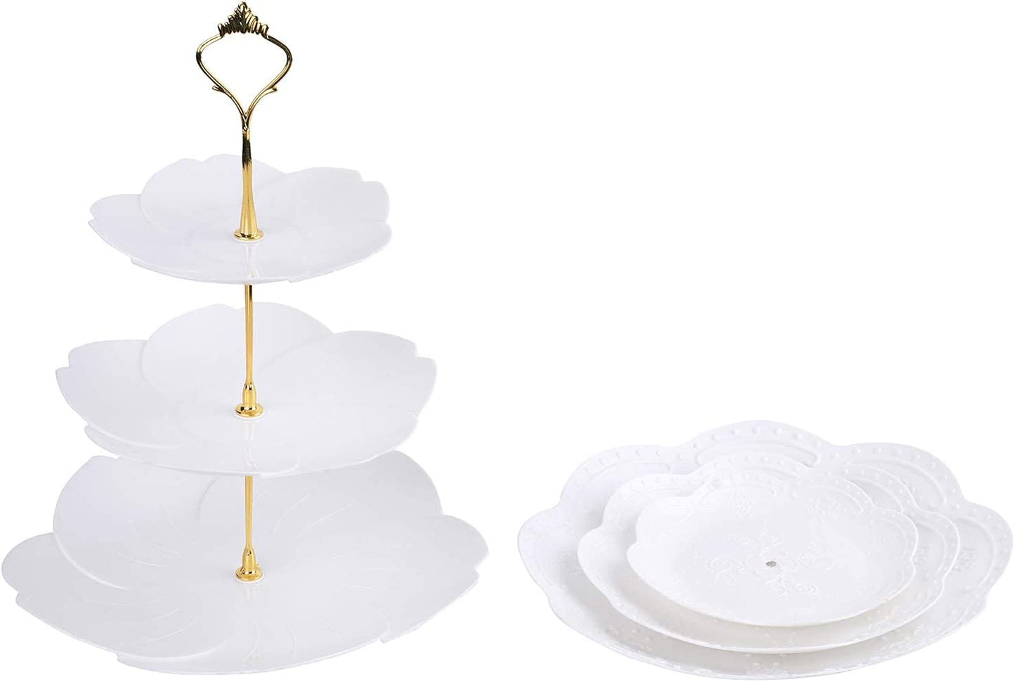 3 Pack 3 Tiers White Plastic Cupcake Stand Dessert Stand Tiered Serving Trays with Gold Rod - Round, Square, Flower