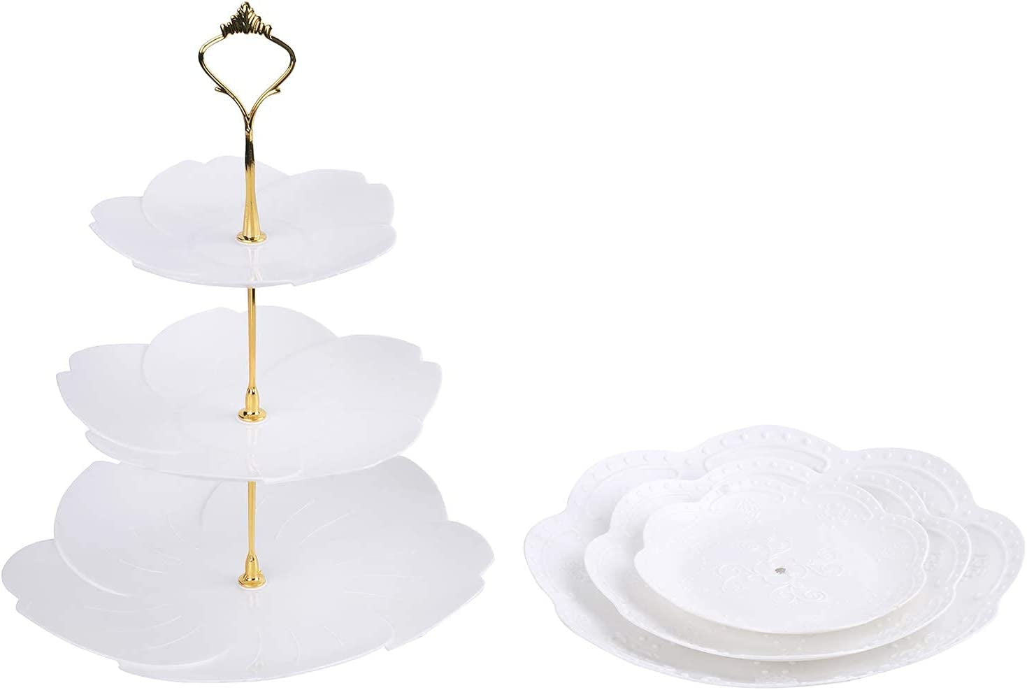 3 Pack 3 Tiers White Plastic Cupcake Stand Dessert Stand Tiered Serving Trays with Gold Rod - Round, Square, Flower