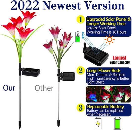 Solar Lights Outdoor - New Upgraded Solar Garden Lights, Multi-Color Changing Lily Solar Flower Lights for Patio,Yard Decoration, Bigger Flower and Wider Solar Panel (2 Pack,Purple and Red)