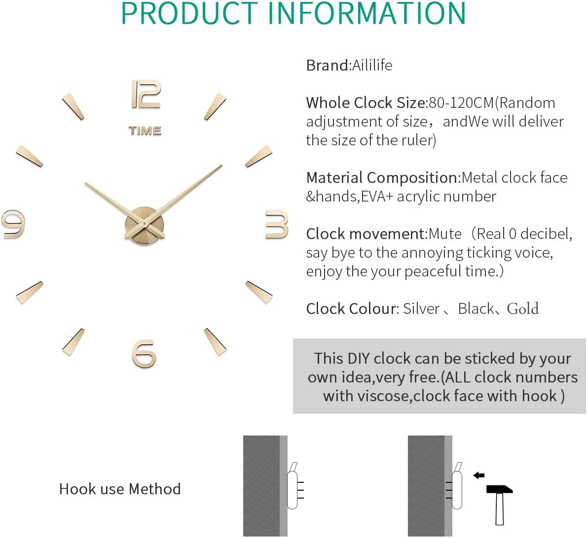 3D DIY Wall Clock Decor Sticker Mirror Frameless Large DIY Wall Clock Kit for Home Living Room Bedroom Office Decoration (Gold)