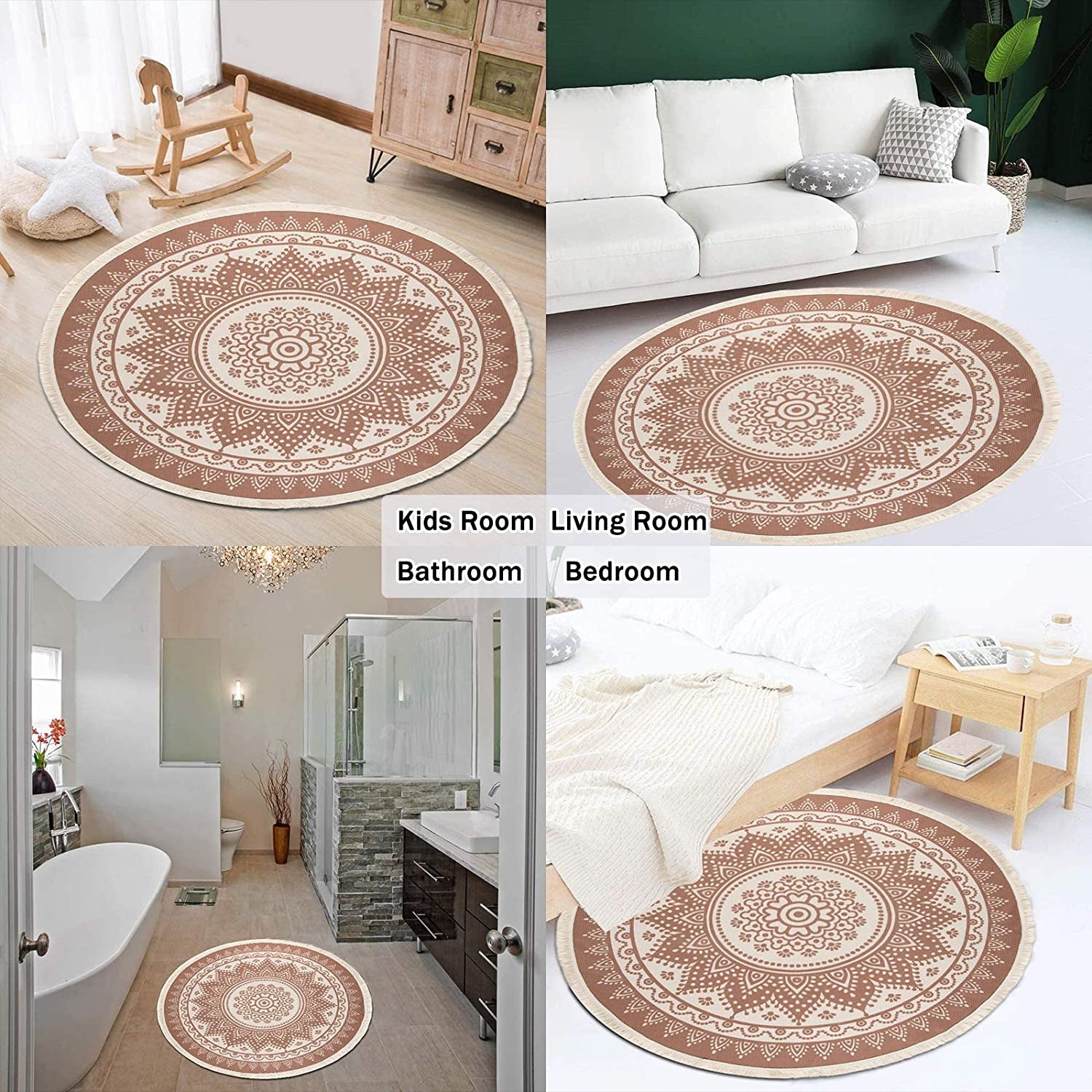 Cotton round Area Rug Hand Woven Cotton Area Rug with Tassels Fringe Washable Chic Bohemian Mandala Indoor Throw Rugs for Living Room Bedroom (4 Ft Diameter, Mandala-Beige)