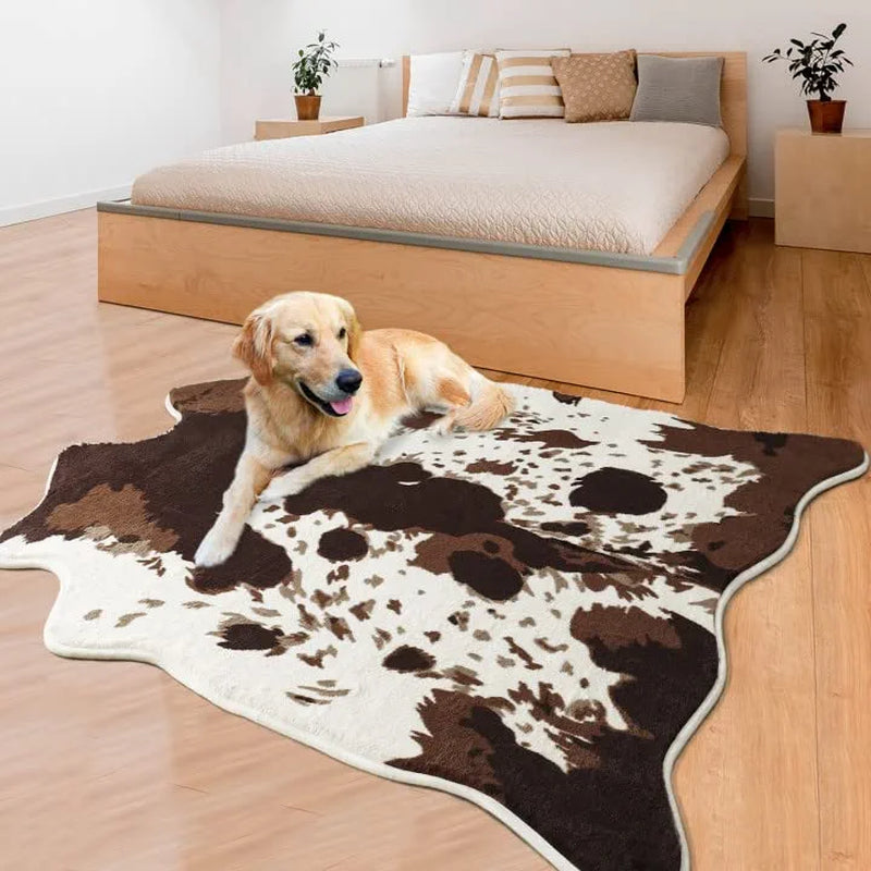 Cow Print Area Rugs Cowhide Rugs 4.6Ft X5.2Ft for Living Room Bedroom Western Decor, Cute Fluffy Cowhide Carpet Faux Fur Rug, Soft Fuzzy Rug for Home, Brown and White,(140*158Cm)