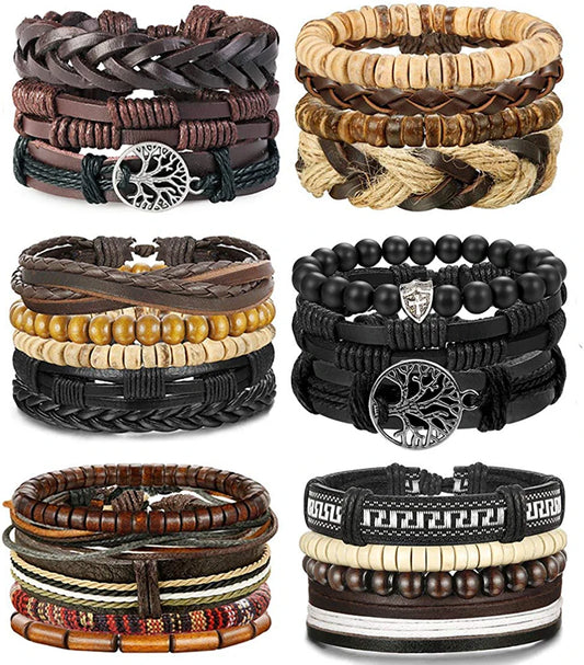 24 Pcs Woven Leather Bracelet for Men Women Cool Leather Wrist Cuff Bracelets Adjustable