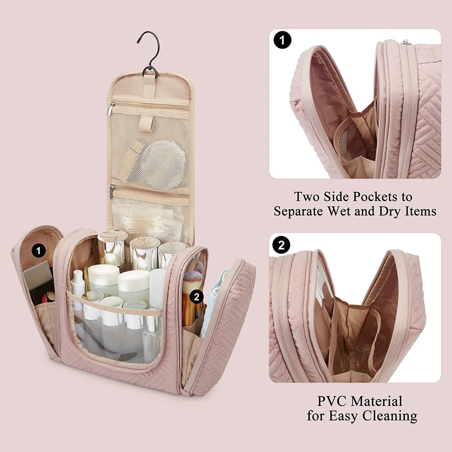 Toiletry Bag, Travel Toiletry Organizer with Hanging Hook, Water-Resistant Cosmetic Makeup Bag Travel Organizer for Shampoo, Full Sized Container, Toiletries, Pink
