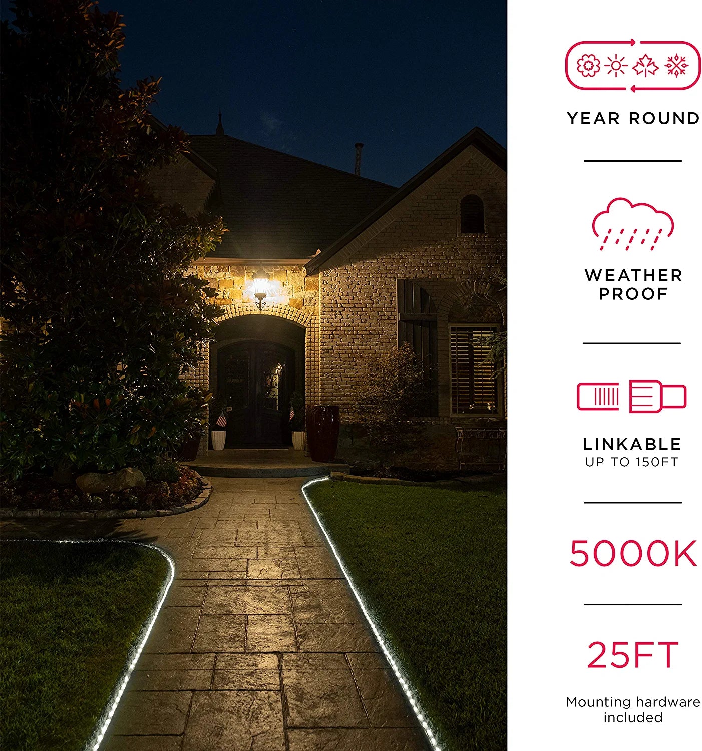 Ultrapro Escape LED Rope Lights, Cool White 5000K, Indoor or Outdoor, 25Ft, Linkable, Perfect for Deck, Garden, Patio, Landscape Lighting, Camping, Bedroom Décor, Waterproof, String Lights, 54843