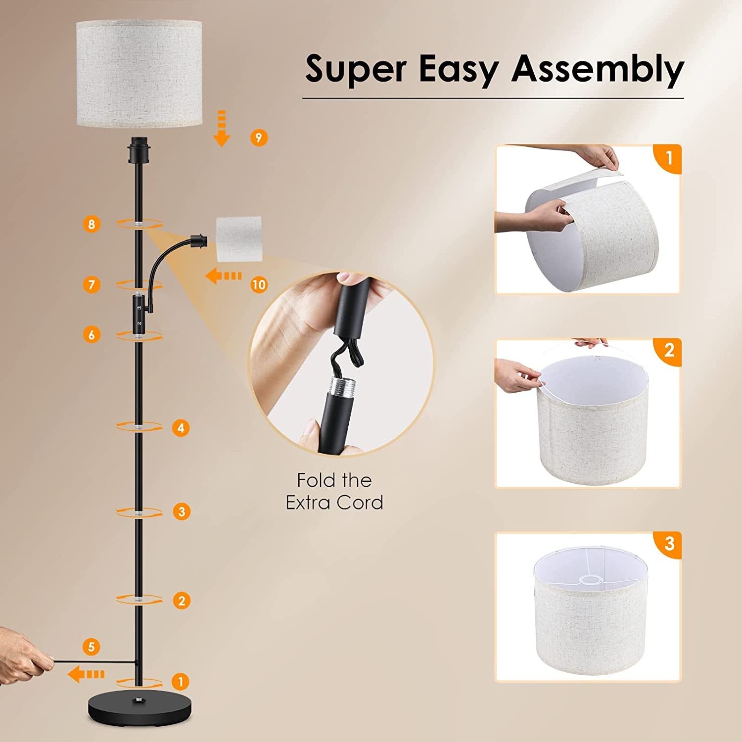 LED Floor Lamps for Living Room, 15W Dimmable Floor Lamp with 4W Adjustable Reading Light, 3000K Brightness Light, Modern Floor Lamp with Linen Lampshade,Led Standing Lamp for Bedroom,Office,Farmhouse