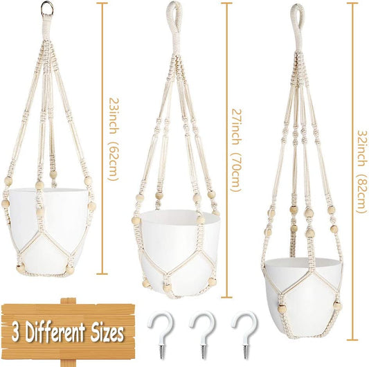 3 Pack Macrame Plant Hanger Indoor Hanging Planters + 3 Pcs Hooks, Handmade Hanging Plant Holder Baskets Stand Flower Pot Holder with Wood Beads for Indoor Outdoor Boho Home Decor (3 Sizes)