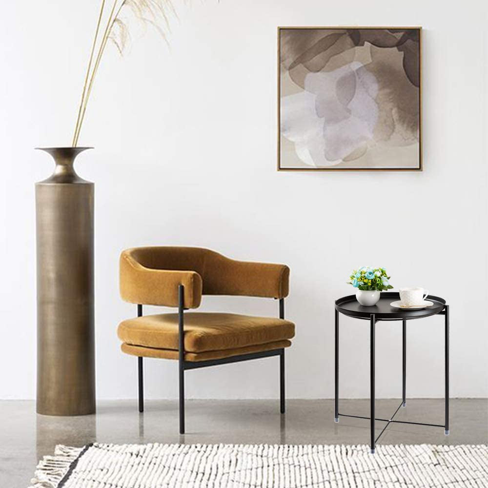 Side Table round Metal, Outdoor Side Table Small Sofa End Table Indoor Accent Table round Metal Coffee Table Waterproof Removable Tray Table for Living Room Bedroom Balcony Office Black