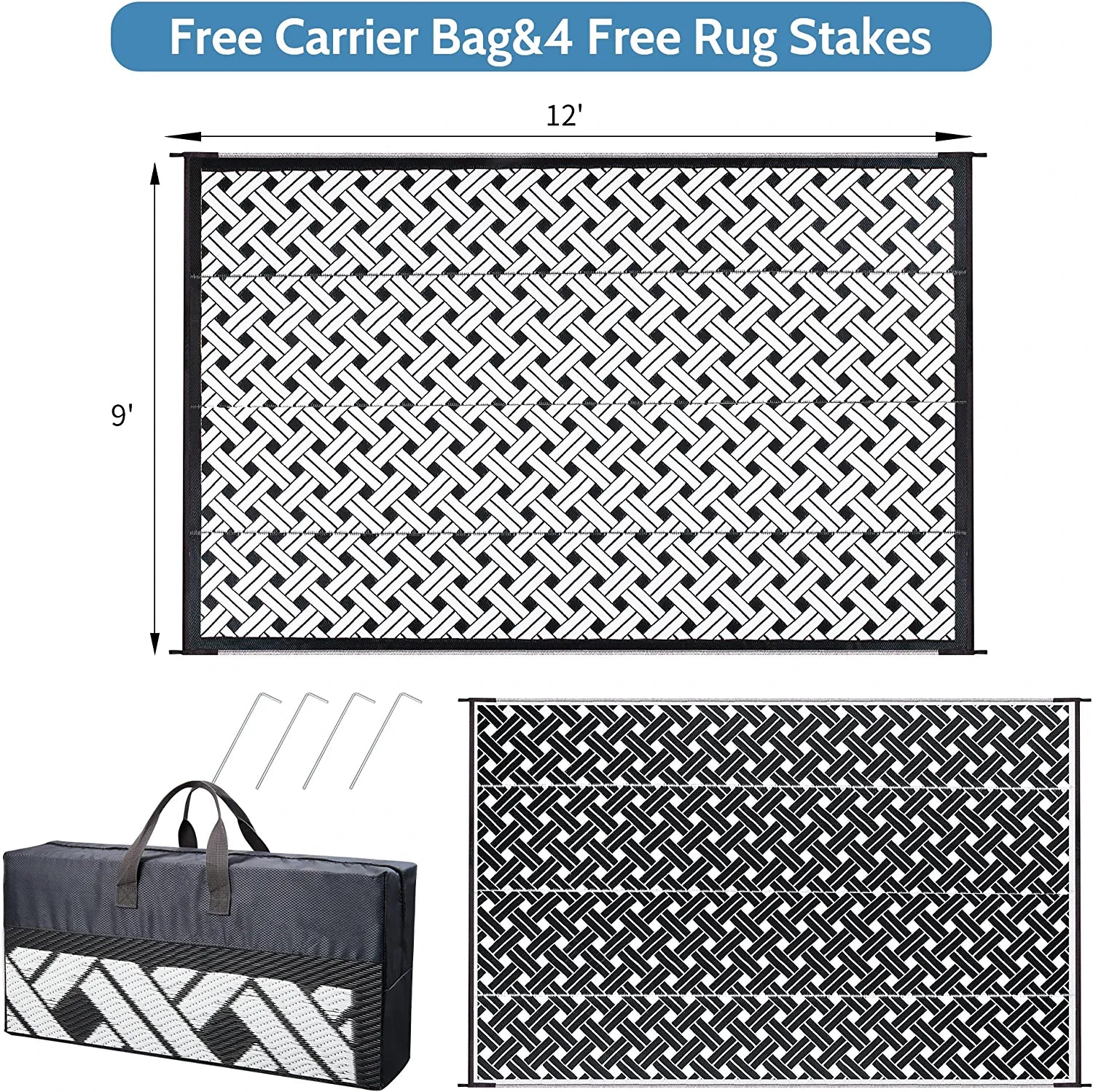 Reversible Outdoor Rug for Patio Clearance,6'X9' Waterproof Plastic Mat,Patio,Camping,Rv,Deck,Camper,Porch,Balcony,Black & White…