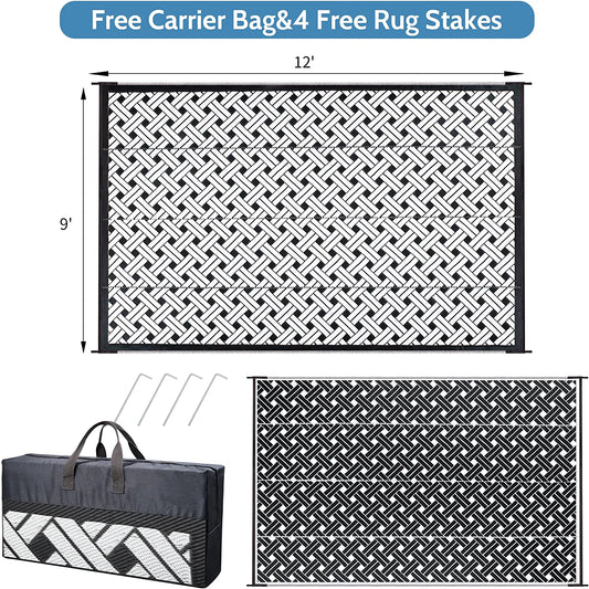 Reversible Outdoor Rug for Patio Clearance,6'X9' Waterproof Plastic Mat,Patio,Camping,Rv,Deck,Camper,Porch,Balcony,Black & White…