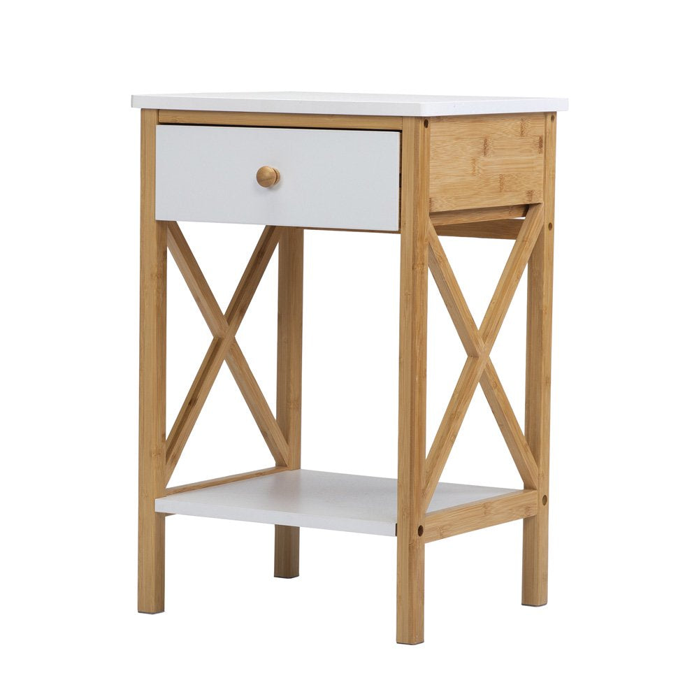 Nightstand with Drawer, End Table with Storage Shelf, Modern Side Sofa Table, Accent Bedside Table with X-Shape Frame for Living Room/Bedroom, White & Natural