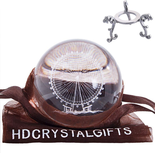 Crystal 2.4 Inch (60Mm) Carving Ferris Wheel Crystal Ball with Sliver-Plated Flowering Stand,Fengshui Glass Ball Home Decoration