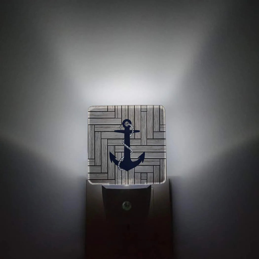 LED Plug-In Night Light Auto Dusk to Dawn Sensor Decor Nautical Navy Blue Anchor Lamp for Bedroom,Bathroom,Kitchen,Hallway,Stairs,Hallway Retro Wooden Texture