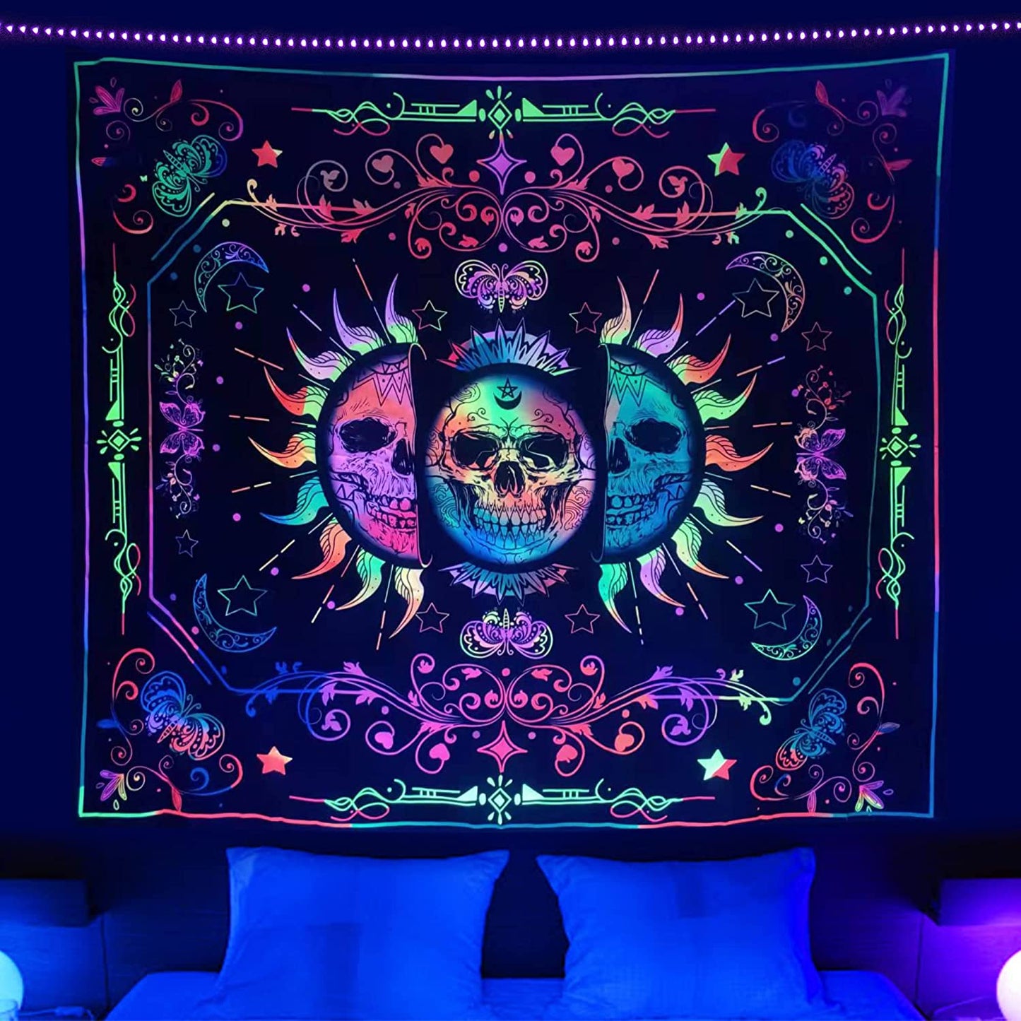 Tapestry Blacklight Tapestry Sun and Moon Tapestry UV Reactive Skull Tapestries Tirppy Wall Hanging Psychedelic Black Light Skeleton Tapestry for Bedroom Aesthetics Party Decor Poster 60X51 Inch