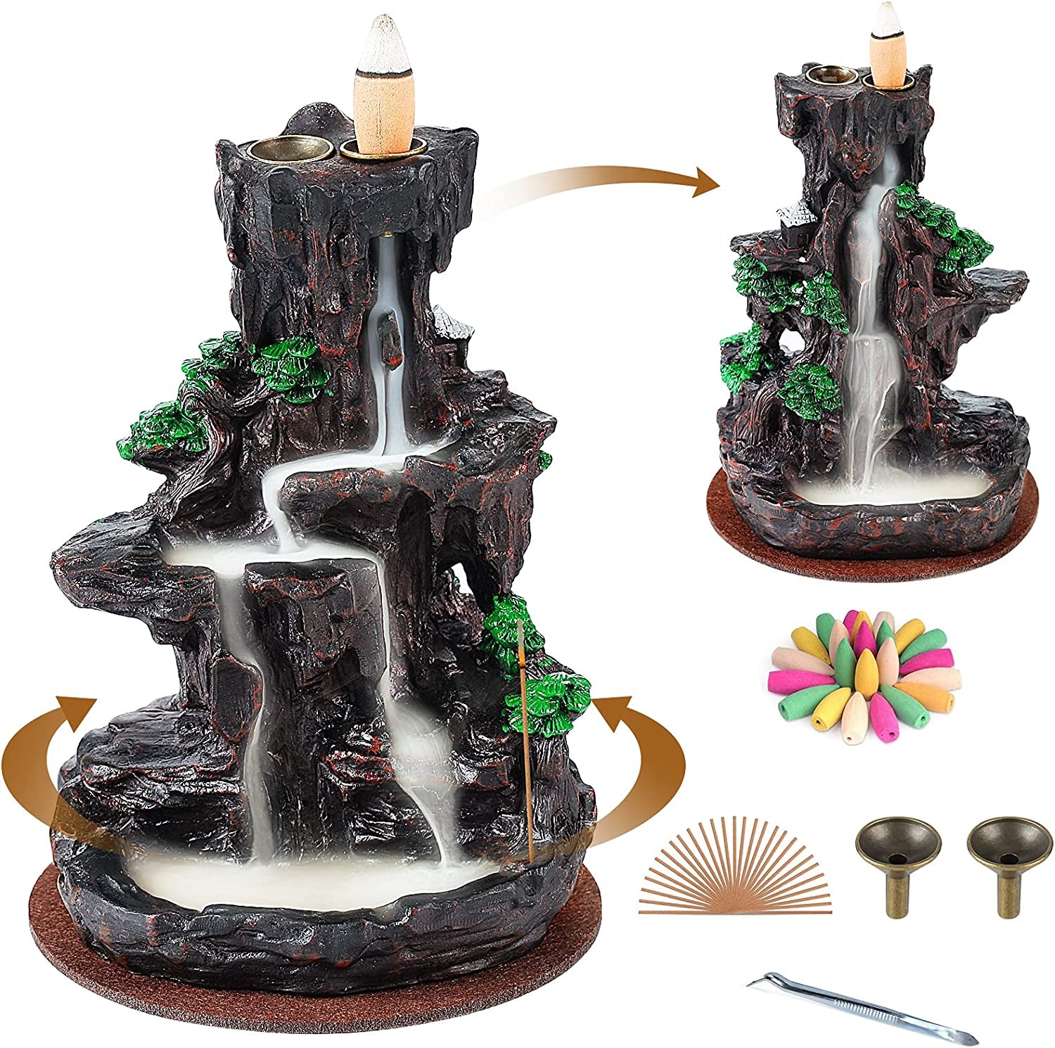 Incense Burner, Backflow Incense Holder Waterfall 2 Sides, with 120 Backflow Incense Cones, 30 Incense Sticks, Aromatcherapy Ornamen