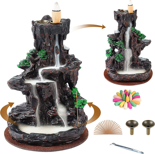 Incense Burner, Backflow Incense Holder Waterfall 2 Sides, with 120 Backflow Incense Cones, 30 Incense Sticks, Aromatcherapy Ornamen