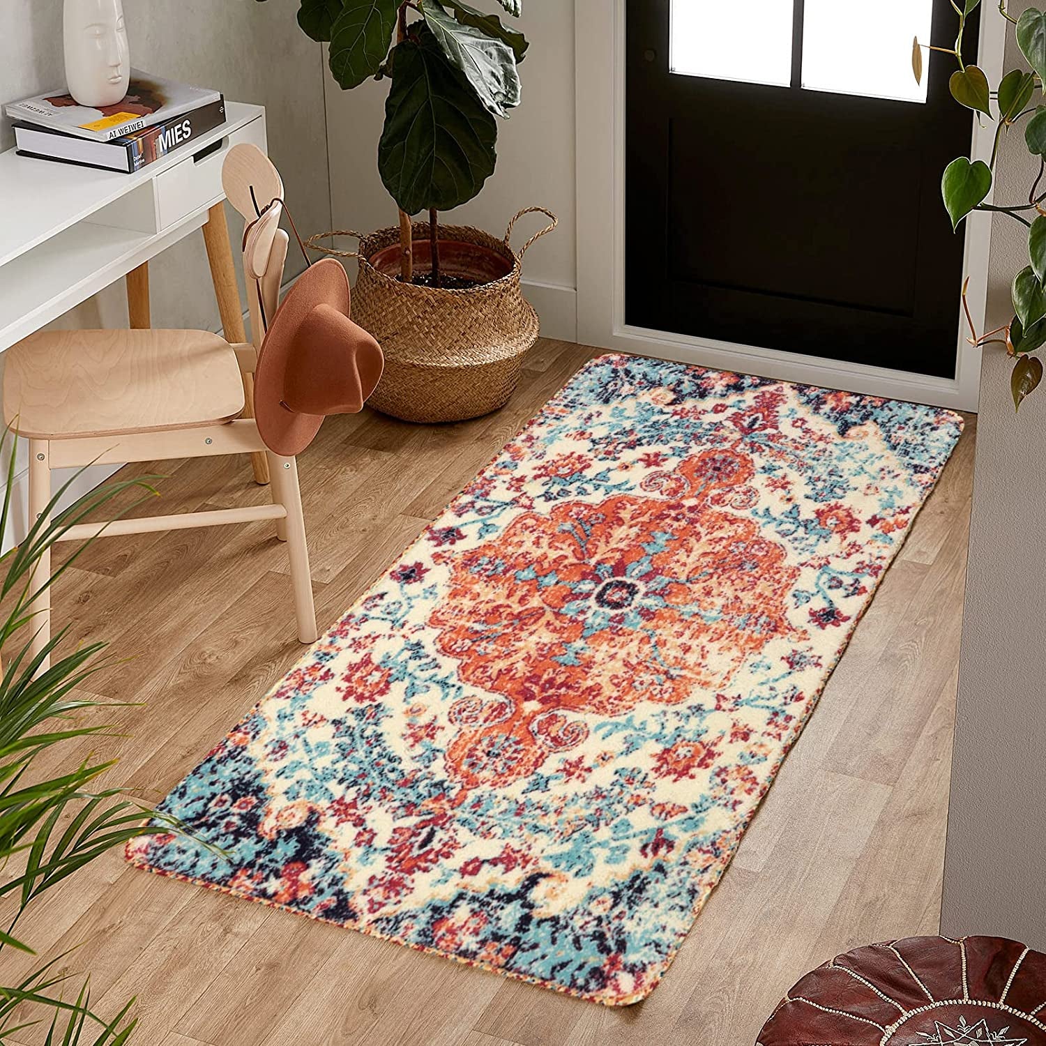 Bohemian Floral Medallion Area Rug - 2X4 Oriental Distressed Hallyway Runner Rug Doormat Faux Wool Non-Slip Bath Mat Washable Low-Pile Carpet for Kitchen Laundry Room(2 X 4, Orange Medallion)