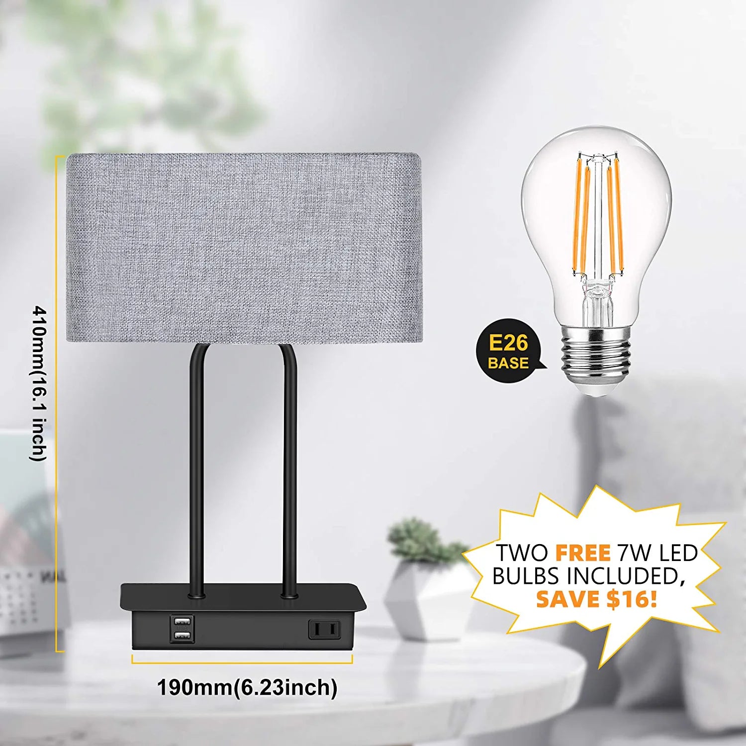 Set of 2 Touch Control 3-Way Dimmable Table Lamp with 2 USB Ports &1 AC Outlet, Modern Bedside Nightstand Lamps with Fabric Shade, Desk Lamps for Bedroom Living Room Grey, Bulbs Included