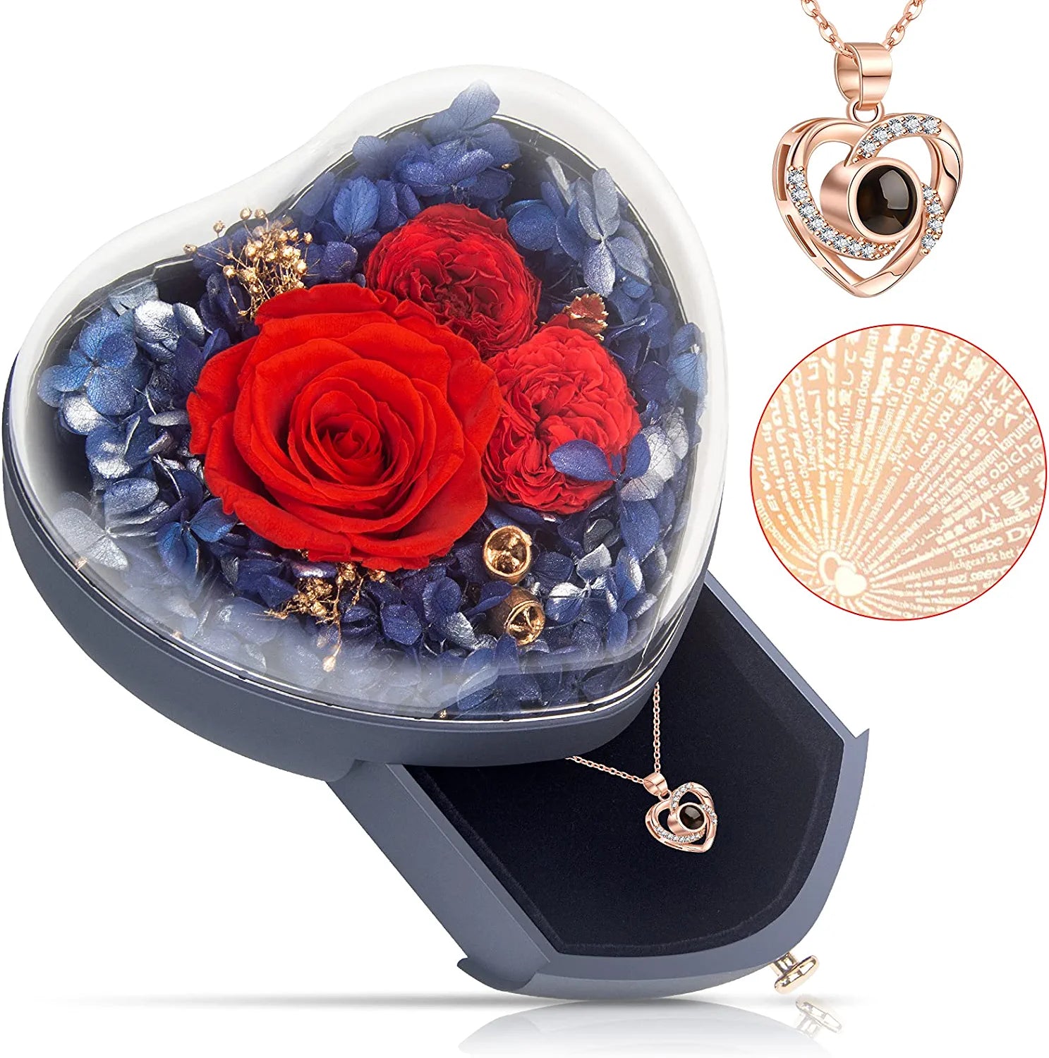 Preserved Real Rose for Girlfriend Wife Mom I Love You Necklace in 100 Languages Gifts for Women Girl Mothers Day Valentine'S Day Anniversary Christmas Birthday Gifts