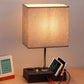 Fully Dimmable Table Lamp for Bedroom Living Room Dual USB Port -  Bedside Desk Lamp for Nightstand with Charging Station 2 Power Outlets, Grey Fabric Lampshade LED Bulb Included (Black/Grey)