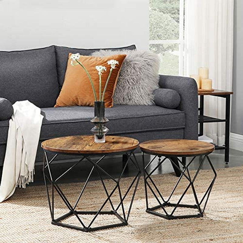 Small Coffee Table Set of 2, round Coffee Table with Steel Frame, Side End Table for Living Room, Bedroom, Office, Rustic Brown and Black ULET040B01