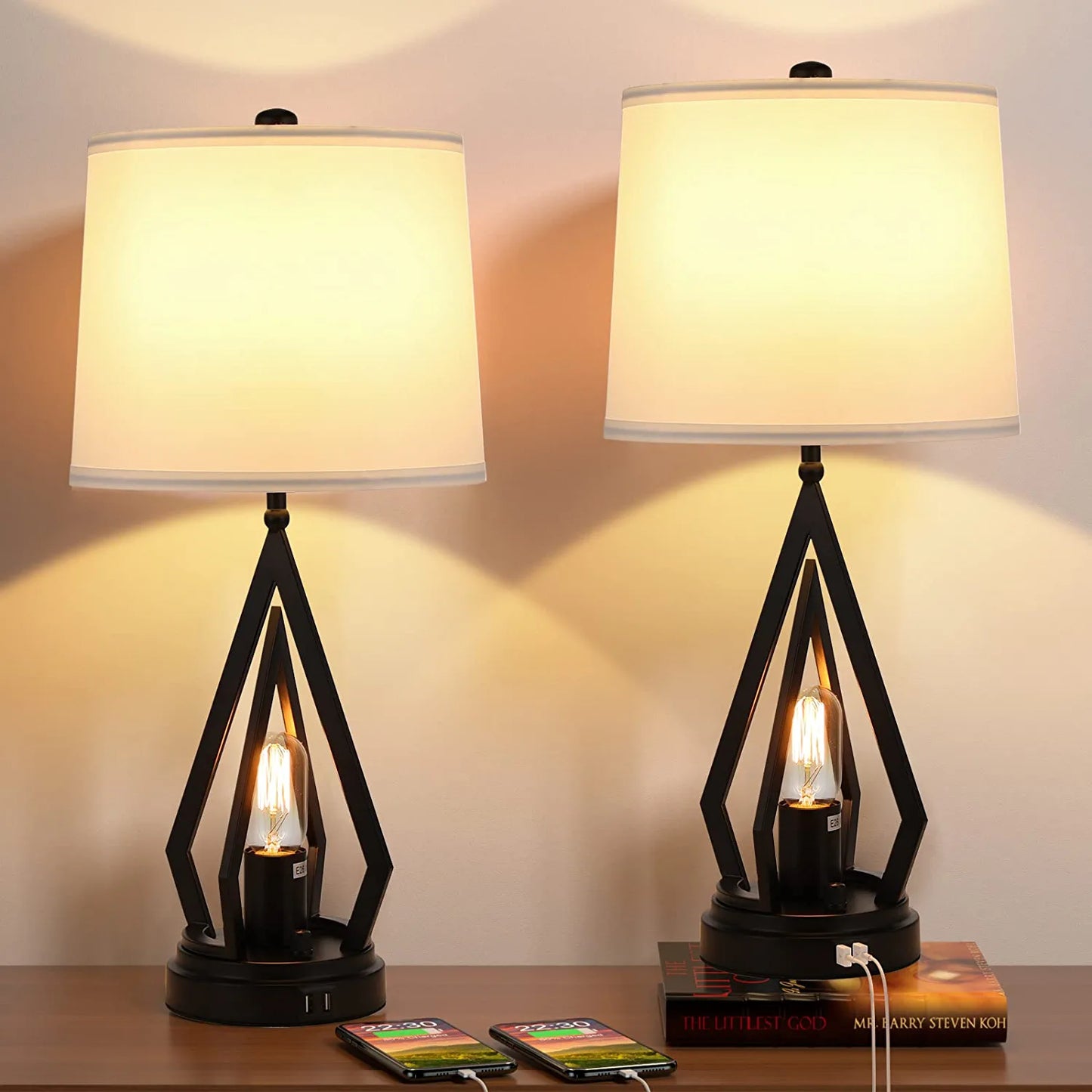 Table Lamps for Living Room Set of 2 - Farmhouse Bedroom Lamps for Nightstand with USB Ports, Black Bedside Lamps for End Table (4 Bulbs Included)